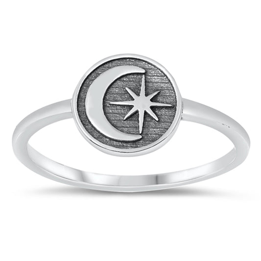 Antiqued Moon North Star Medallion Band Sterling Silver Ring Sizes 4-10