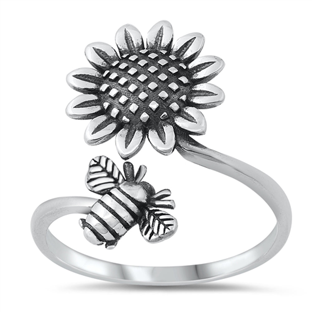 Oxidized Sunflower Bee Open Fun Ring New .925 Sterling Silver Band Sizes 4-10