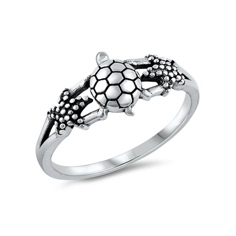 Cute Turtle Starfish Ocean Beach Ring New .925 Sterling Silver Band Sizes 4-10