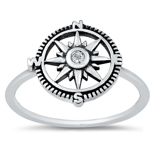 White CZ Nautical Star Compass Ring New .925 Sterling Silver Band Sizes 4-10