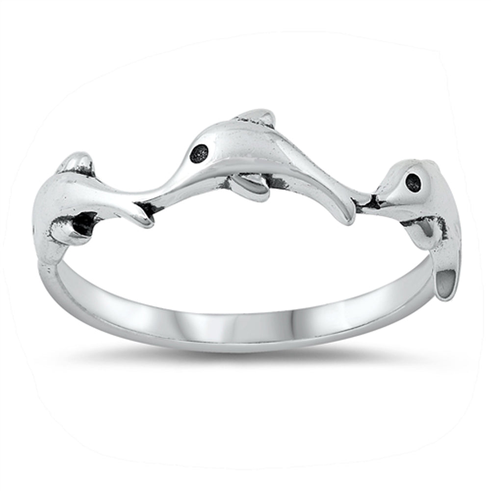 Simple Dolphin Family Animal Ring New .925 Sterling Silver Band Sizes 4-10