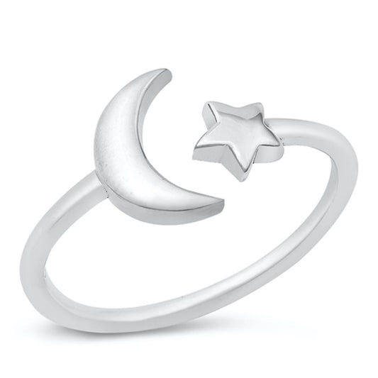 Adjustable Crescent Moon Star Beautiful Ring 925 Sterling Silver Band Sizes 4-10