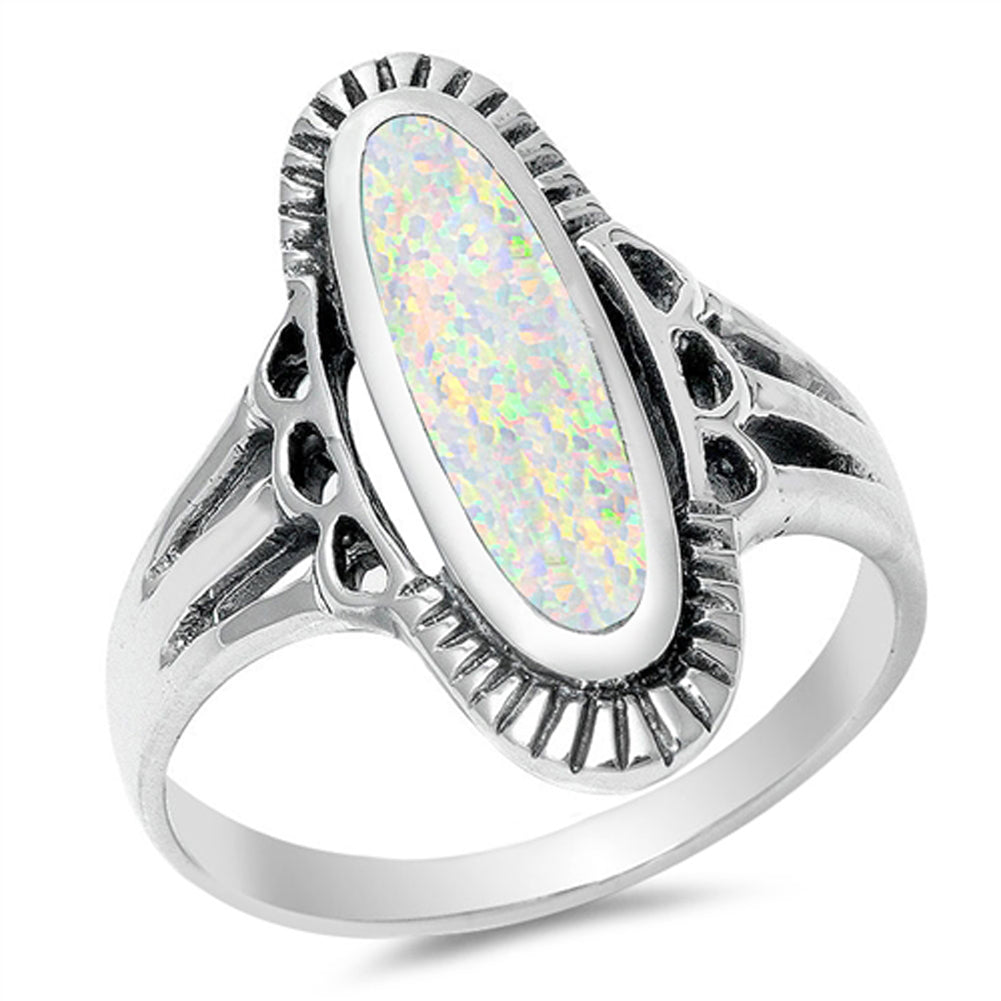 Long Wide White Lab Opal Oval Cute Ring New .925 Sterling Silver Band Sizes 4-10