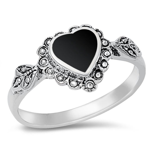 Women's Heart Black Onyx Promise Ring New .925 Sterling Silver Band Sizes 4-10