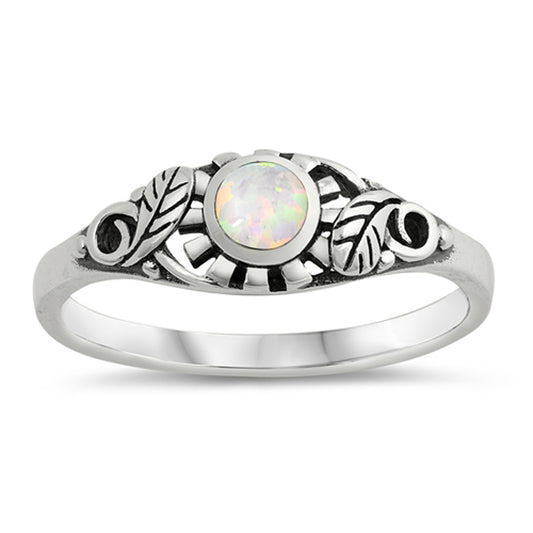 White Lab Filigree Vine Leaf Opal Sun Classic Ring New .925 Sterling Silver Band Sizes 4-10