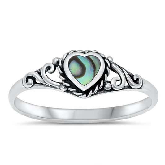 Abalone Heart Oxidized Filigree Promise Ring 925 Sterling Silver Band Sizes 4-10