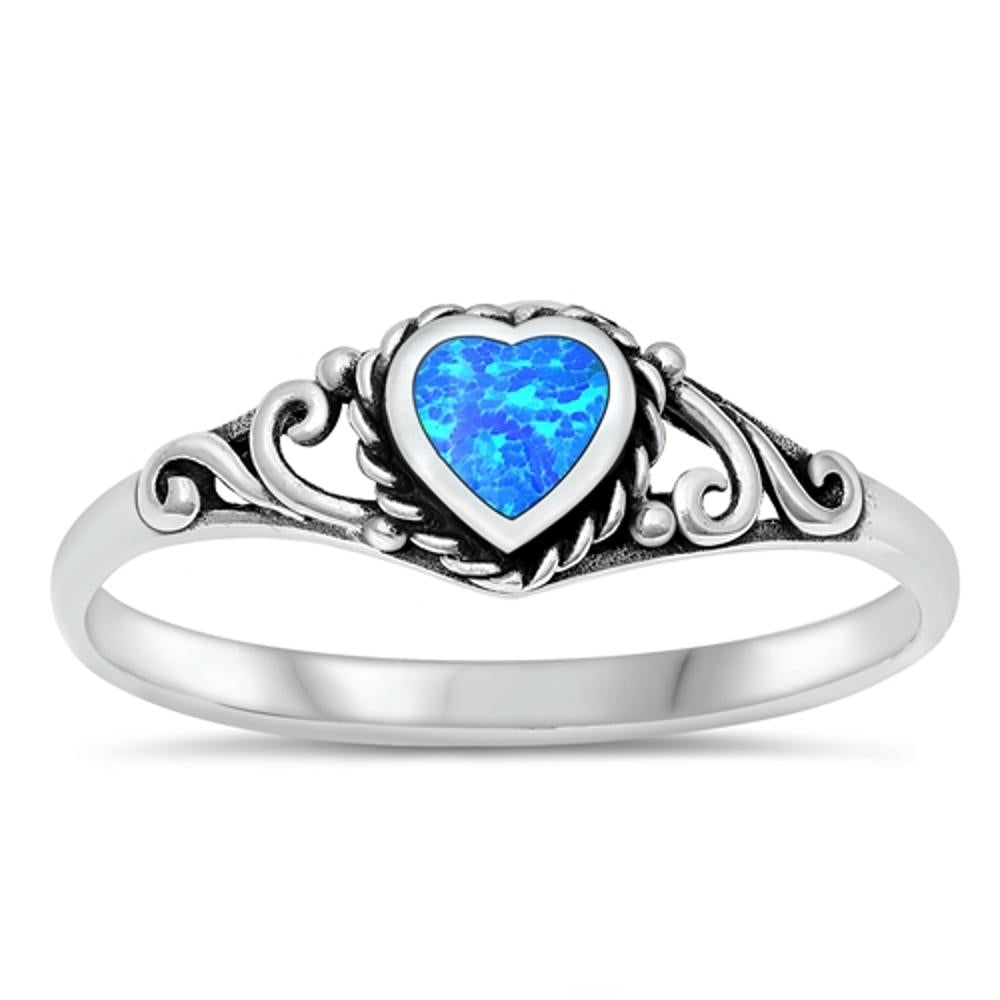 Blue Lab Opal Heart Promise Ring .925 Sterling Silver Rope Halo Band Sizes 4-10