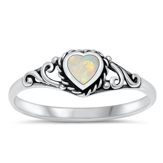 White Lab Opal Heart Promise Ring .925 Sterling Silver Filigree Band Sizes 4-10