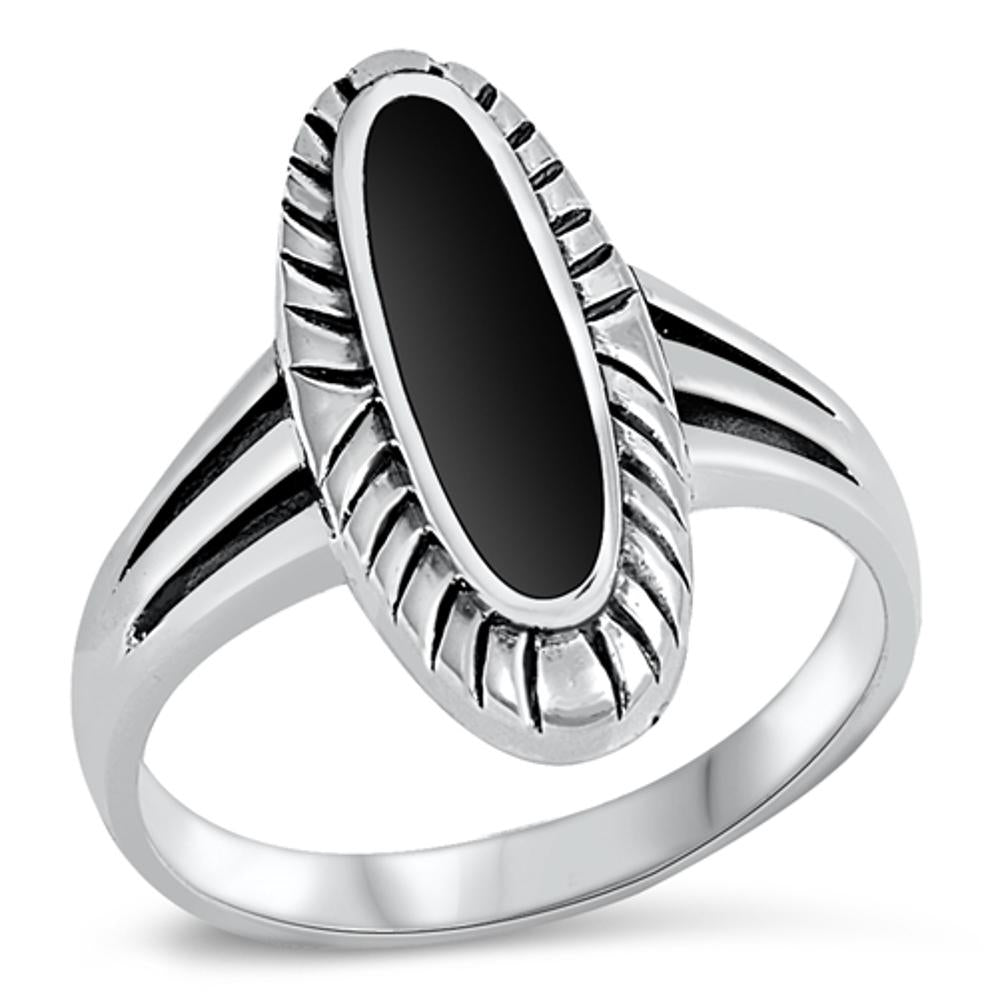 Black Onyx Long Oval Ring New .925 Sterling Silver Band Sizes 6-12