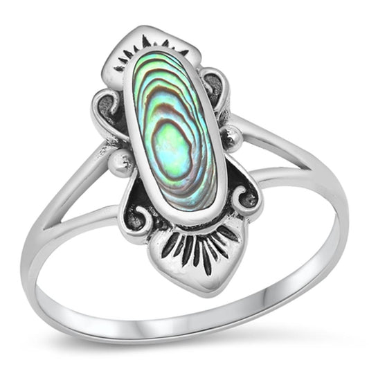 Abalone Long Oval Flower Ring .925 Sterling Silver Band Sizes 5-10