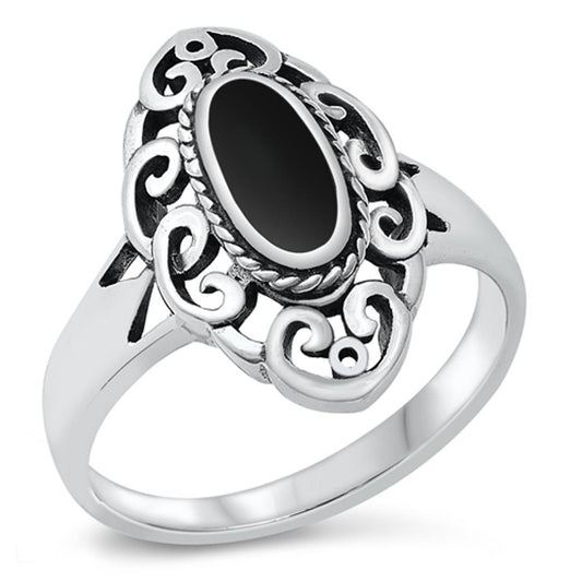 Wide Long Black Onyx Filigree Ring New .925 Sterling Silver Band Sizes 5-12