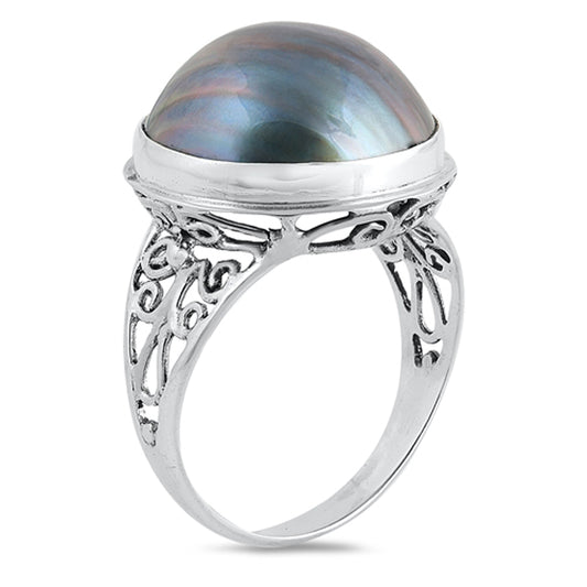 Freshwater Pearl Filigree Swirl Round Ring .925 Sterling Silver Band Sizes 6-9