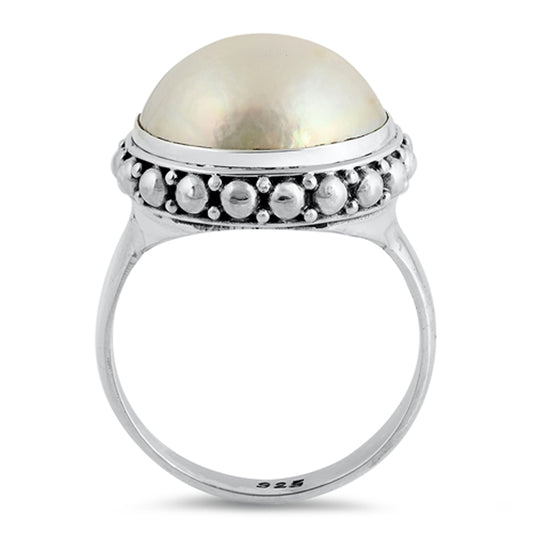 Freshwater Pearl Ball Bali Bead Halo Ring .925 Sterling Silver Band Sizes 6-9