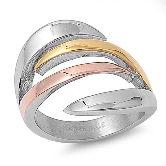 Woman's Tri Color Fashion Ring Polished Stainless Steel Band New 18mm Sizes 6-10