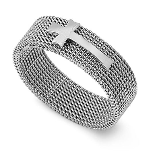 Womans Mens Simple Mesh Cross Ring Polished Stainless Steel Band 8mm Sizes 7-14
