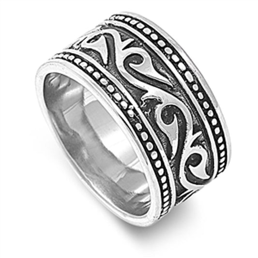 Women's Men's Etched Design Ring Polished Stainless Steel Band 14mm Sizes 8-14