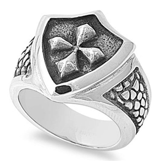 Mens Heavy Cross Shield Biker Ring Stainless Steel Band New USA 20mm Sizes 8-14