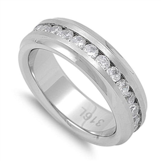 Eternity Wedding White CZ Polished Ring New 316L Stainless Steel Band Sizes 6-13