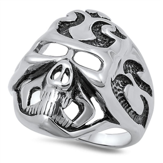 Biker Cutout Skull Mask Flames Ring New 316L Stainless Steel Band Sizes 8-15