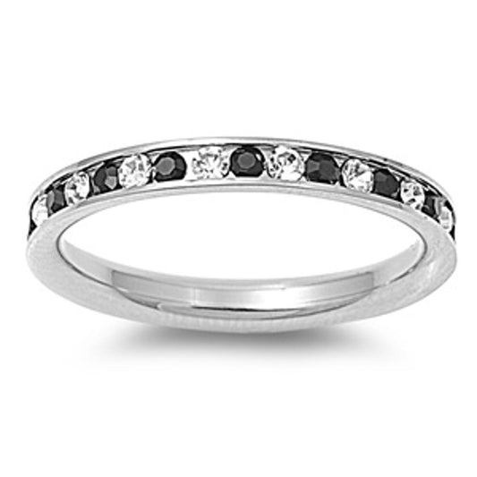 Womans Black CZ & White CZ Eternity Stainless Steel Band New USA 3mm Sizes 3-10