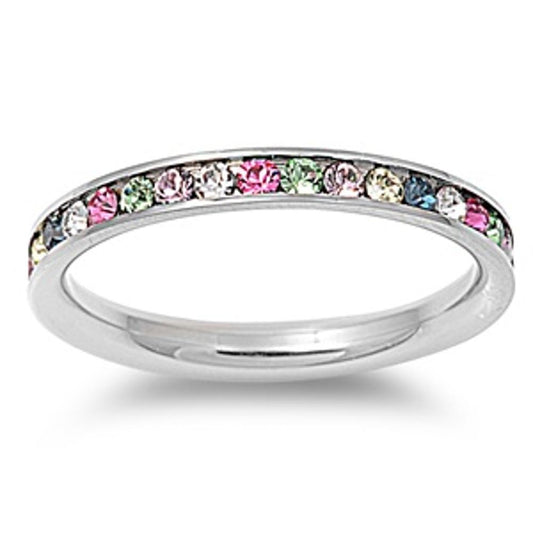 Woman's Color CZ Stone Eternity Ring Stainless Steel Band New 3mm Sizes 4-10