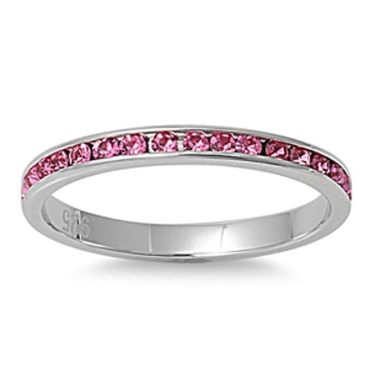 Woman's Pink CZ Ring Eternity Polished Stainless Steel Band New 3mm Sizes 4-10