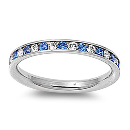 Woman's White CZ Blue Sapphire CZ Eternity Ring Stainless Band 3mm Sizes 3-10