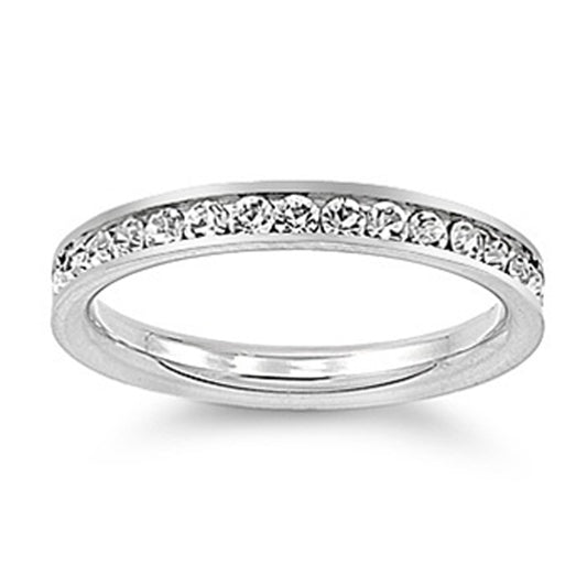 Woman's White CZ Ring Eternity Polished Stainless Steel Band New 3mm Sizes 3-10
