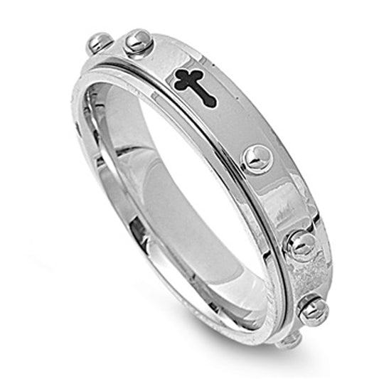 Woman's Stud Cross Ring Fashion Polished Stainless Steel Band 6mm Sizes 8-14