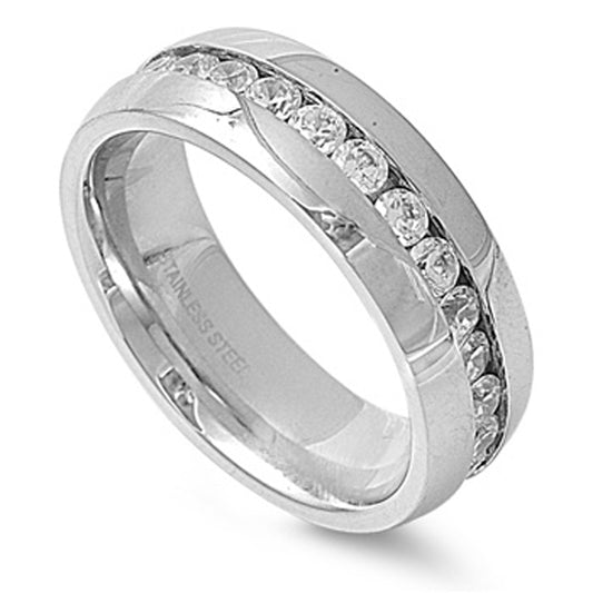 Womans Mens Clear CZ Ring Polished Stainless Steel Band New USA 8mm Sizes 7-14