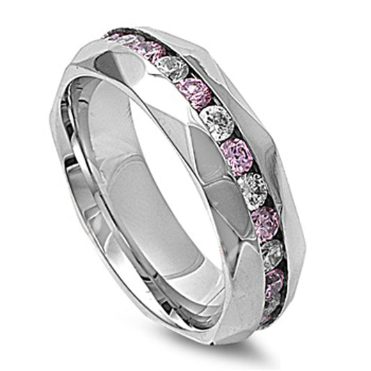 Woman's Pink Clear CZ Ring Classic Polished Stainless Steel Band 8mm Sizes 7-13