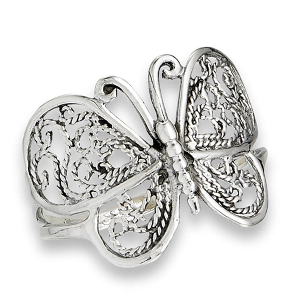 Oxidized Filigree Butterfly Rope Wings Ring .925 Sterling Silver Band Sizes 6-10