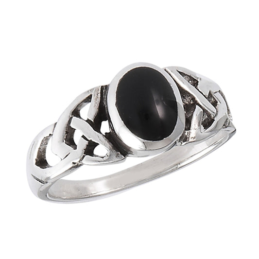 Black Onyx Celtic Triquetra Knot Ring New .925 Sterling Silver Band Sizes 5-9