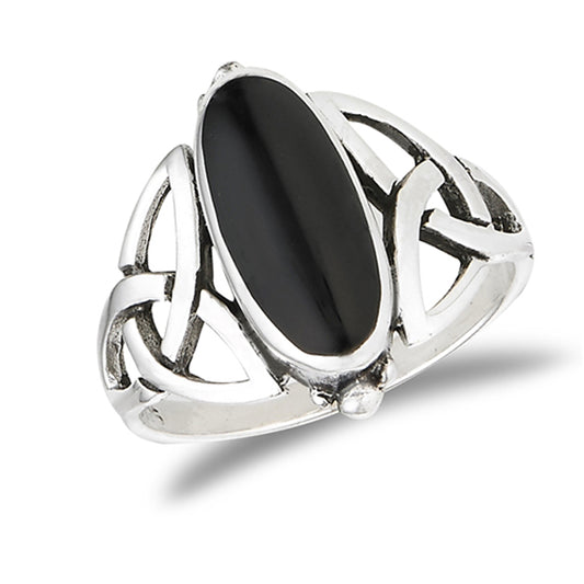 Wide Oval Black Onyx Filigree Celtic Knot Ring Sterling Silver Band Sizes 6-9