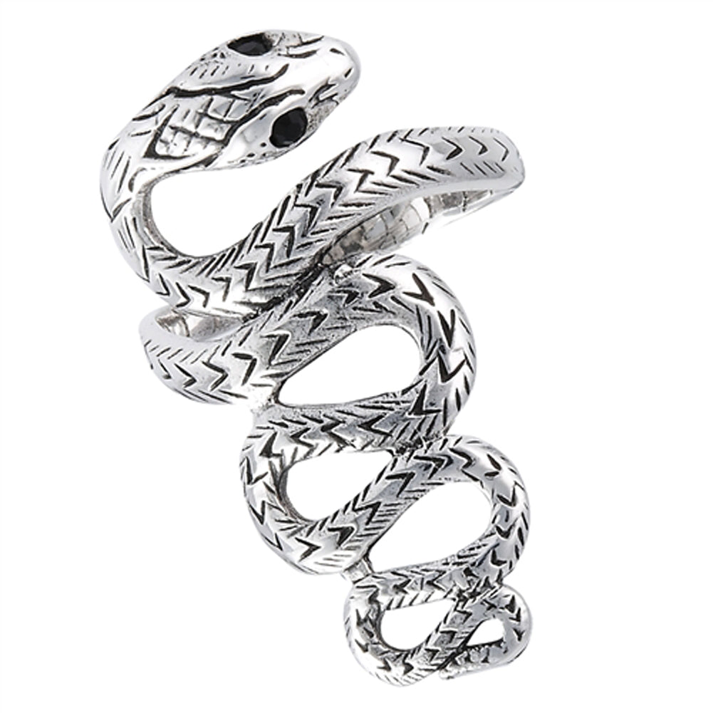 Snake Scales Long Black Onyx Serpent Ring Wave Sterling Silver Band Sizes 7-13