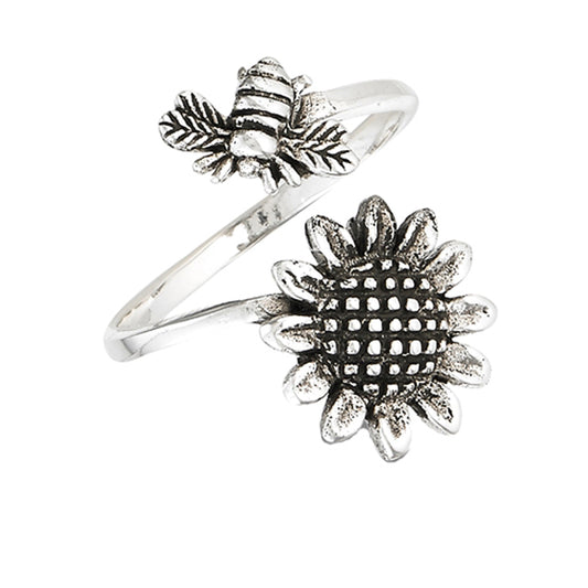 Open Adjustable Bee Sunflower Flower Thumb Ring Sterling Silver Band Sizes 6-10