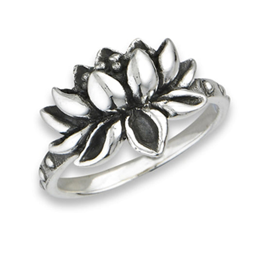 Oxidized Lotus Pond Water Flower Ring New .925 Sterling Silver Band Sizes 5-9