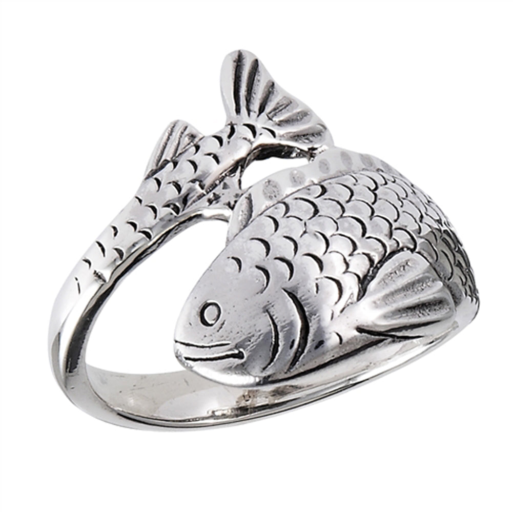 Oxidized Detailed Fish Wrap Animal Ring New .925 Sterling Silver Band Sizes 6-10
