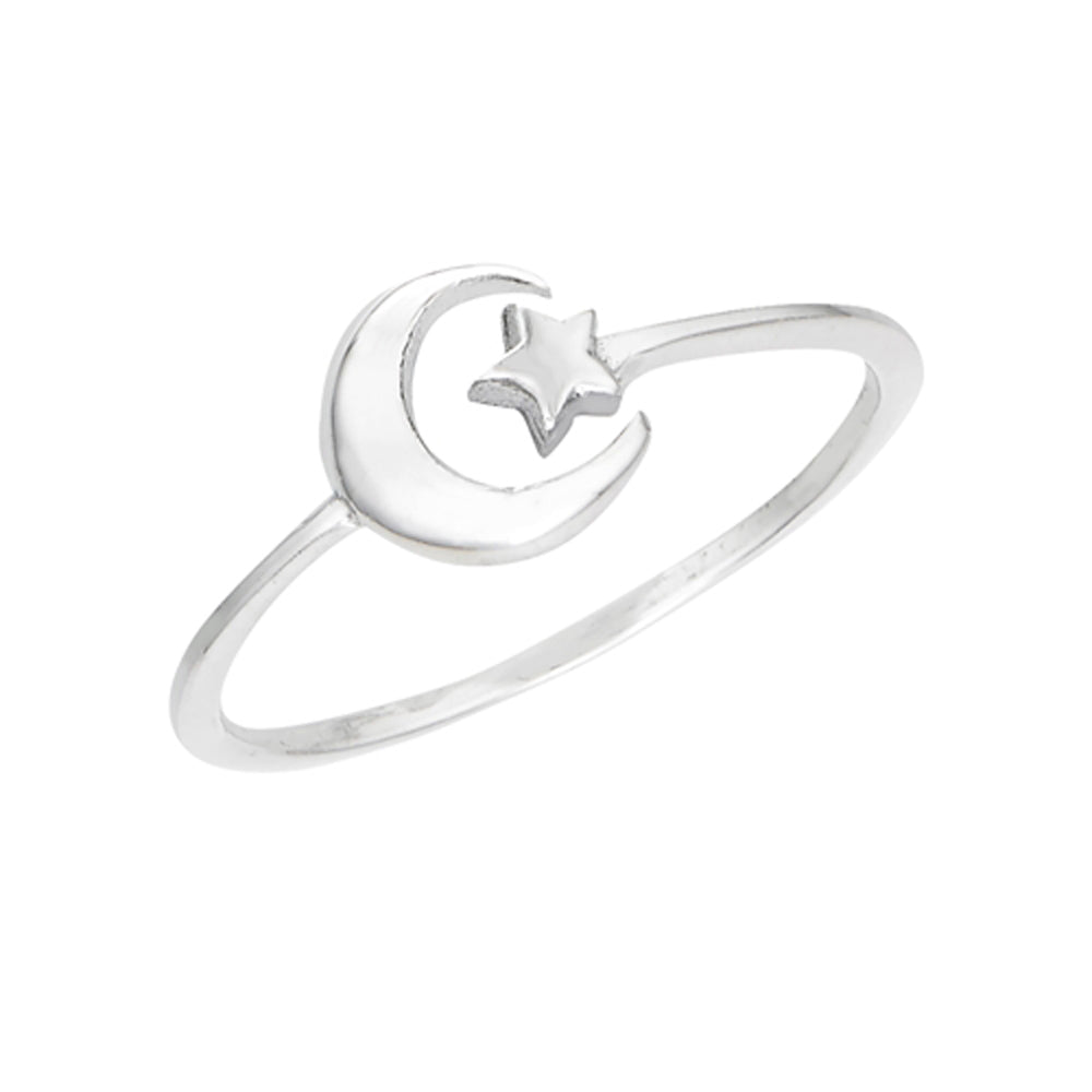 Adjustable Open Crescent Moon Star Ring New .925 Sterling Silver Band Sizes 5-9