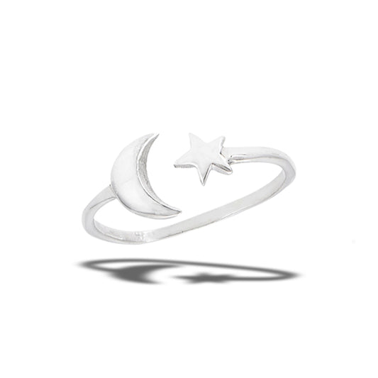 Adjustable Open Crescent Moon Star Ring New .925 Sterling Silver Band Sizes 6-9