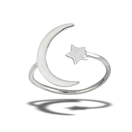 Adjustable Thin Crescent Moon Star Ring New .925 Sterling Silver Band Sizes 6-10