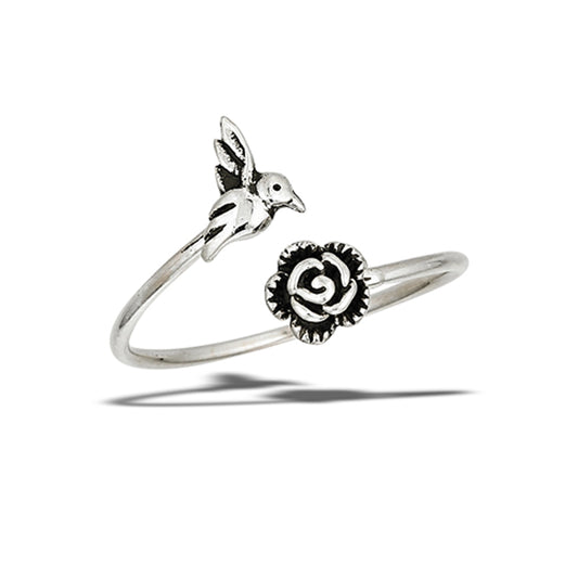 Adjustable Rose Hummingbird Open Ring New .925 Sterling Silver Band Sizes 4-9