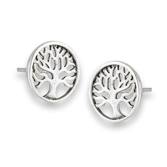 Post Tree Of Life Round .925 Sterling Silver Minimalist Stud Branch Circle Earrings