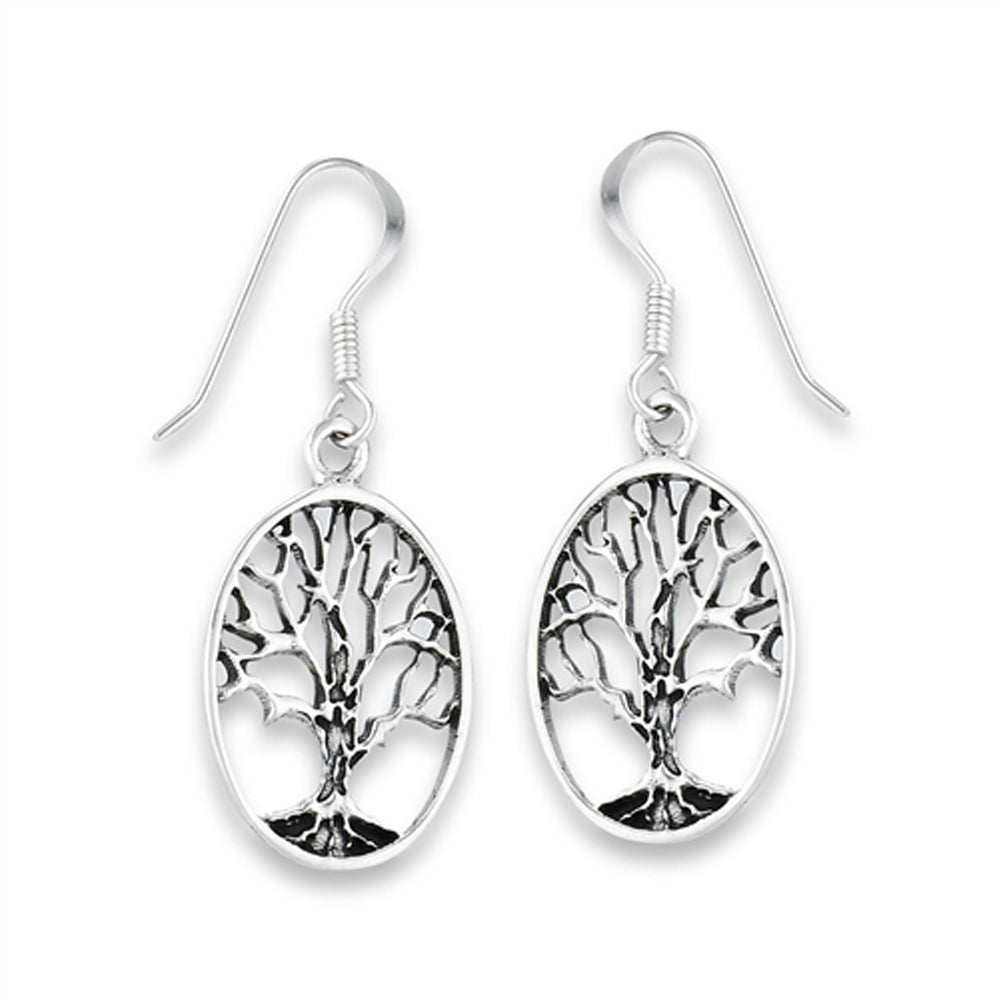 Oval Tree of Life Branch .925 Sterling Silver Woodgrain Roots Oxidized Earrings