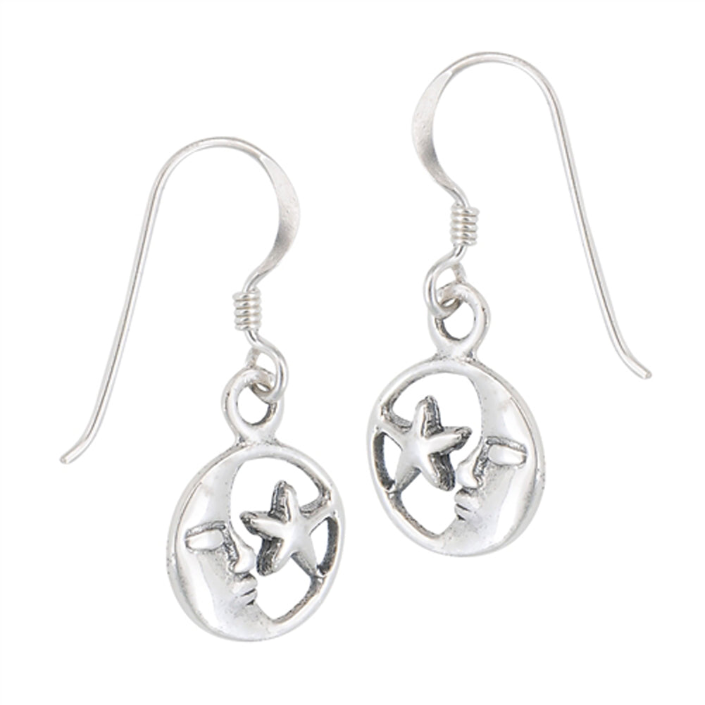 Star Moon Sleeping .925 Sterling Silver Circle Crescent Round Celestial Earrings