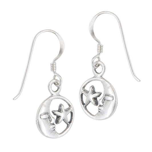 Star Moon Sleeping .925 Sterling Silver Circle Crescent Round Celestial Earrings