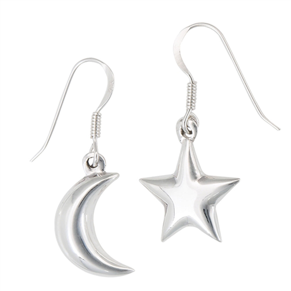 Moon Star High Polish .925 Sterling Silver Crescent Mismatch Simple Earrings