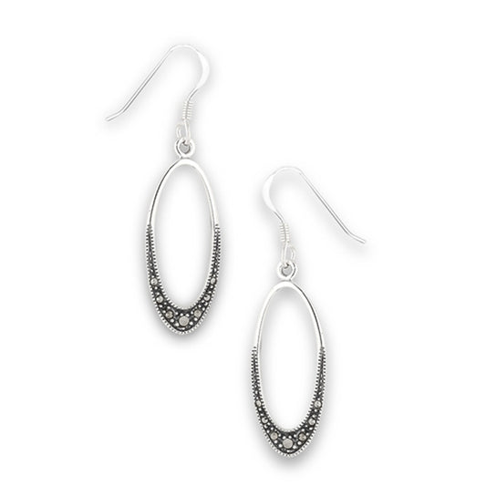 Open Oval Minimalist Simulated Marcasite .925 Sterling Silver Simple Dangle Earrings