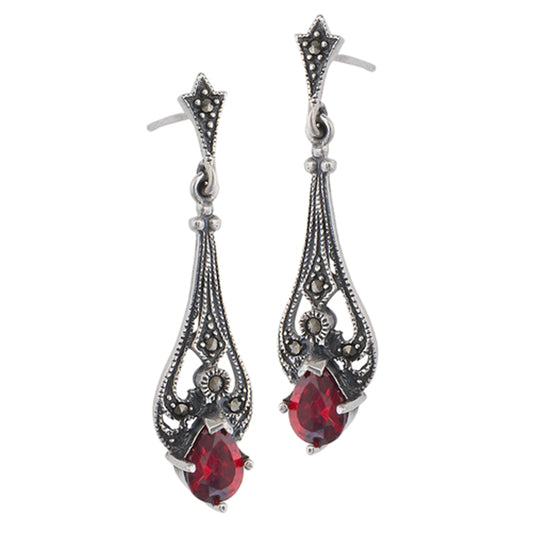 Victorian Teardrop High Fashion Simulated Garnet Simulated Marcasite .925 Sterling Silver Earrings