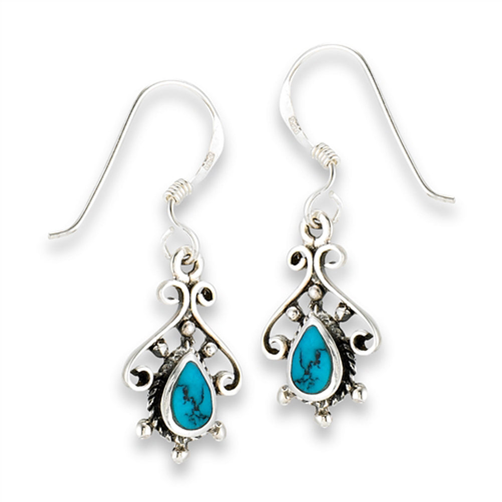 Traditional Bali Detailed Simulated Turquoise .925 Sterling Silver Festival Fashion Earrings